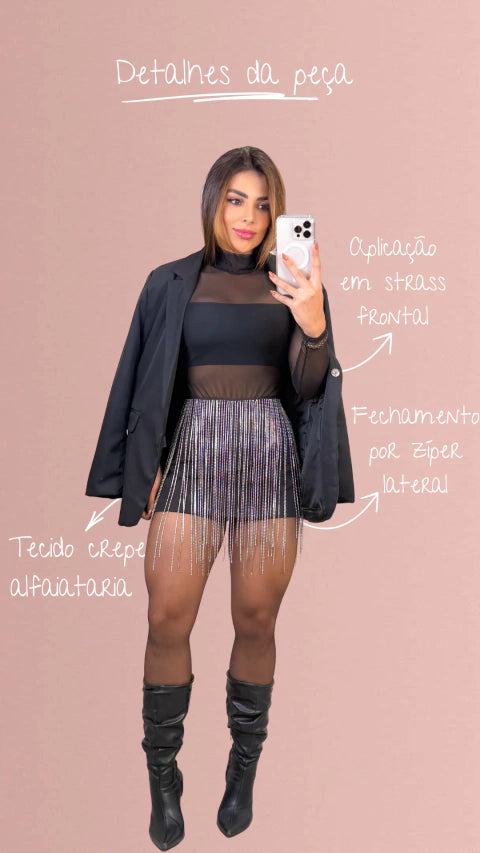 Short Saia Strass Vivian - Preto