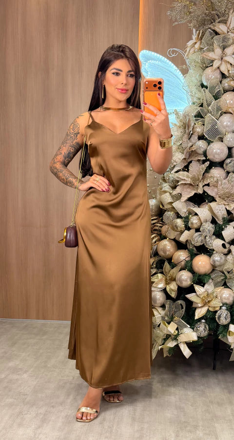 Vestido Cetim Lore - Marrom