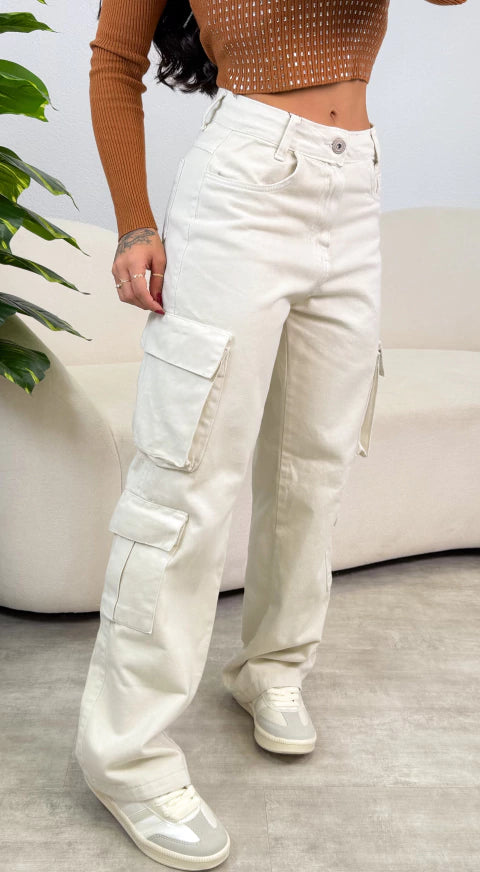 Calça Jeans Cargo Rebeca - Bege