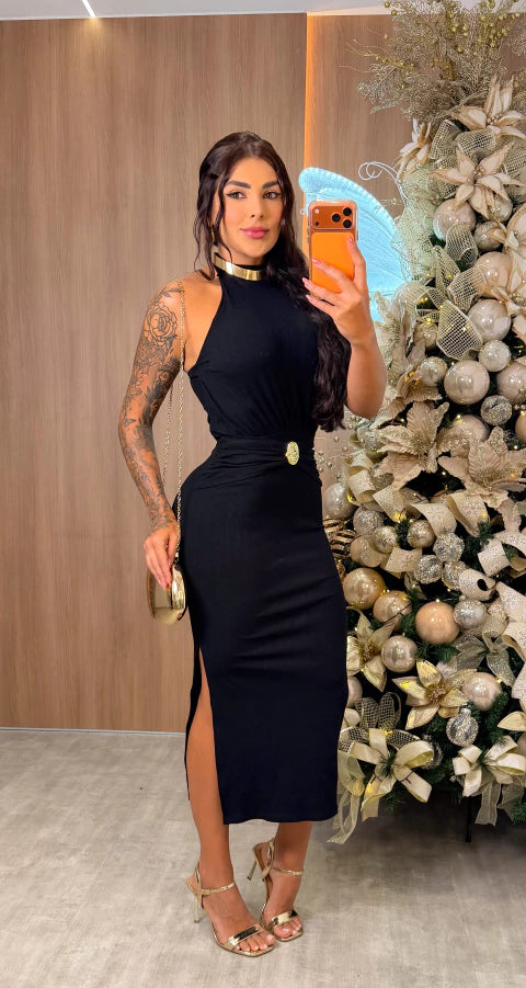 Vestido Canelado Helena Preto