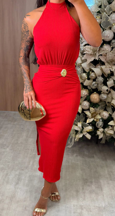 Vestido Canelado Helena Vermelho