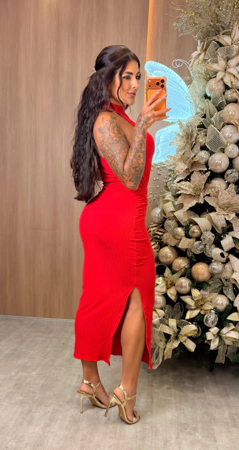 Vestido Canelado Helena Vermelho